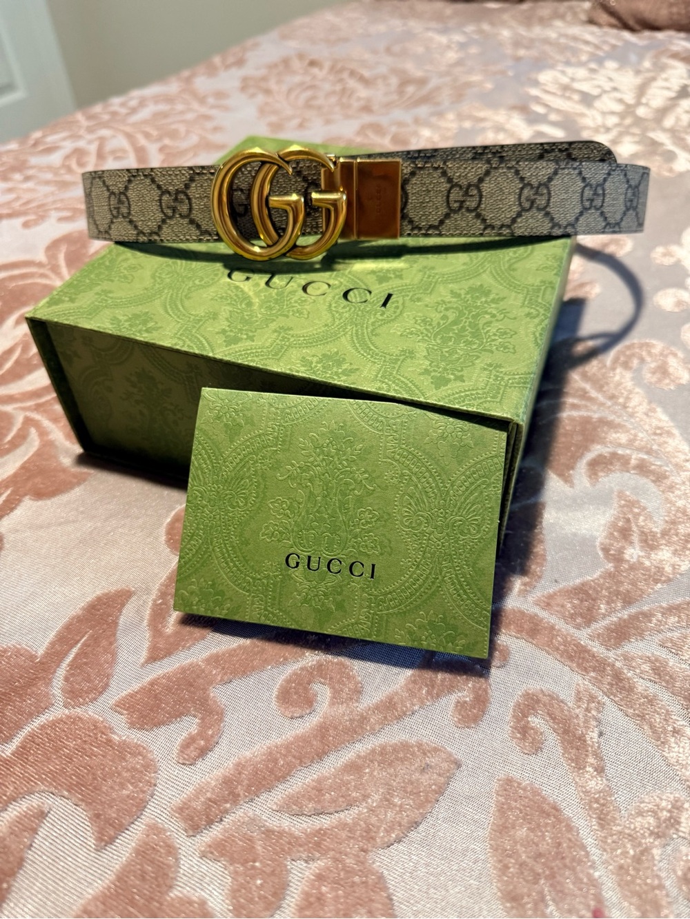 Gucci GG Monogram Reversible Belt with Gold Double G Buckle - Beige/Black - Picture 2 of 7